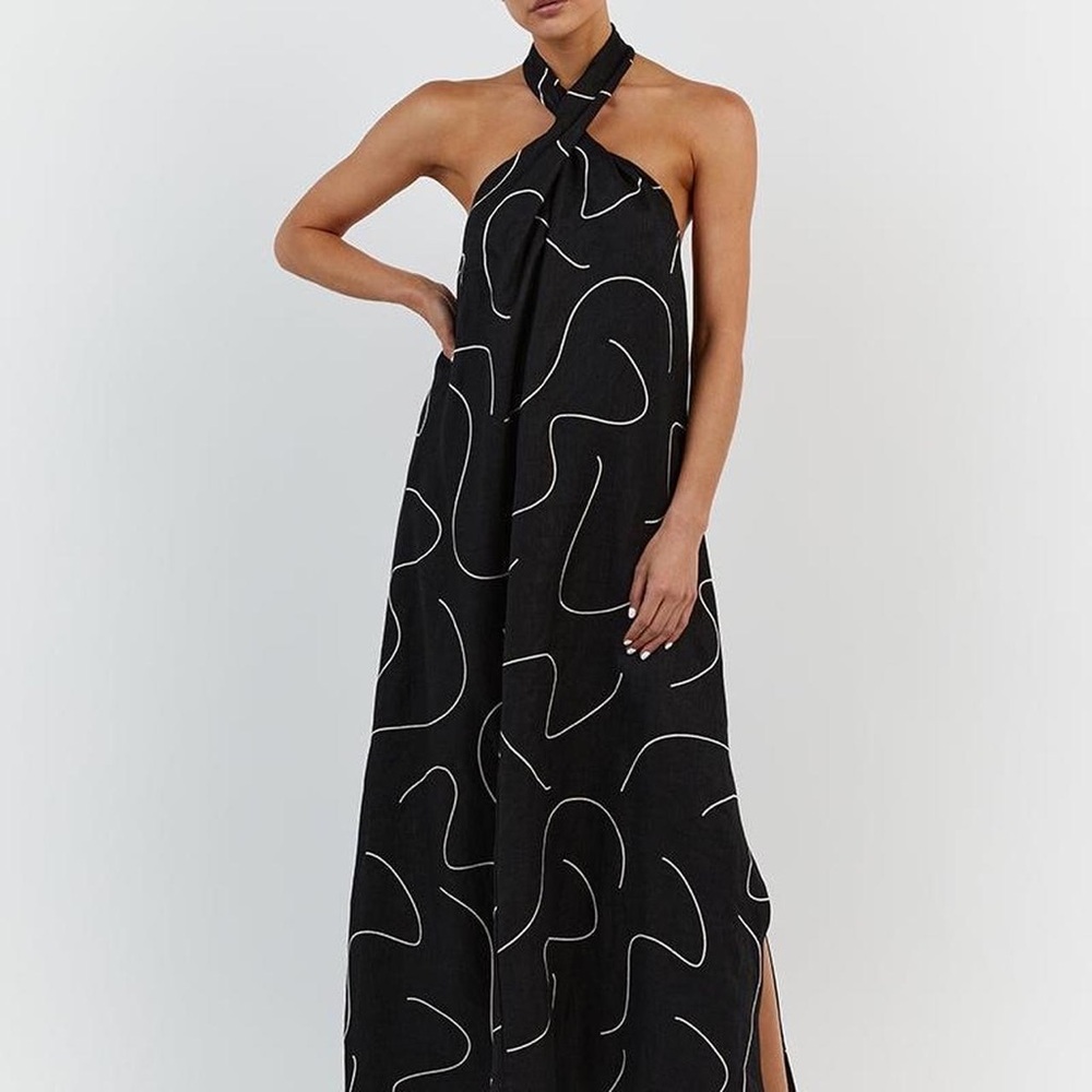 DISSH LUNA BLACK LINEN HALTER MIDI  DRESS
